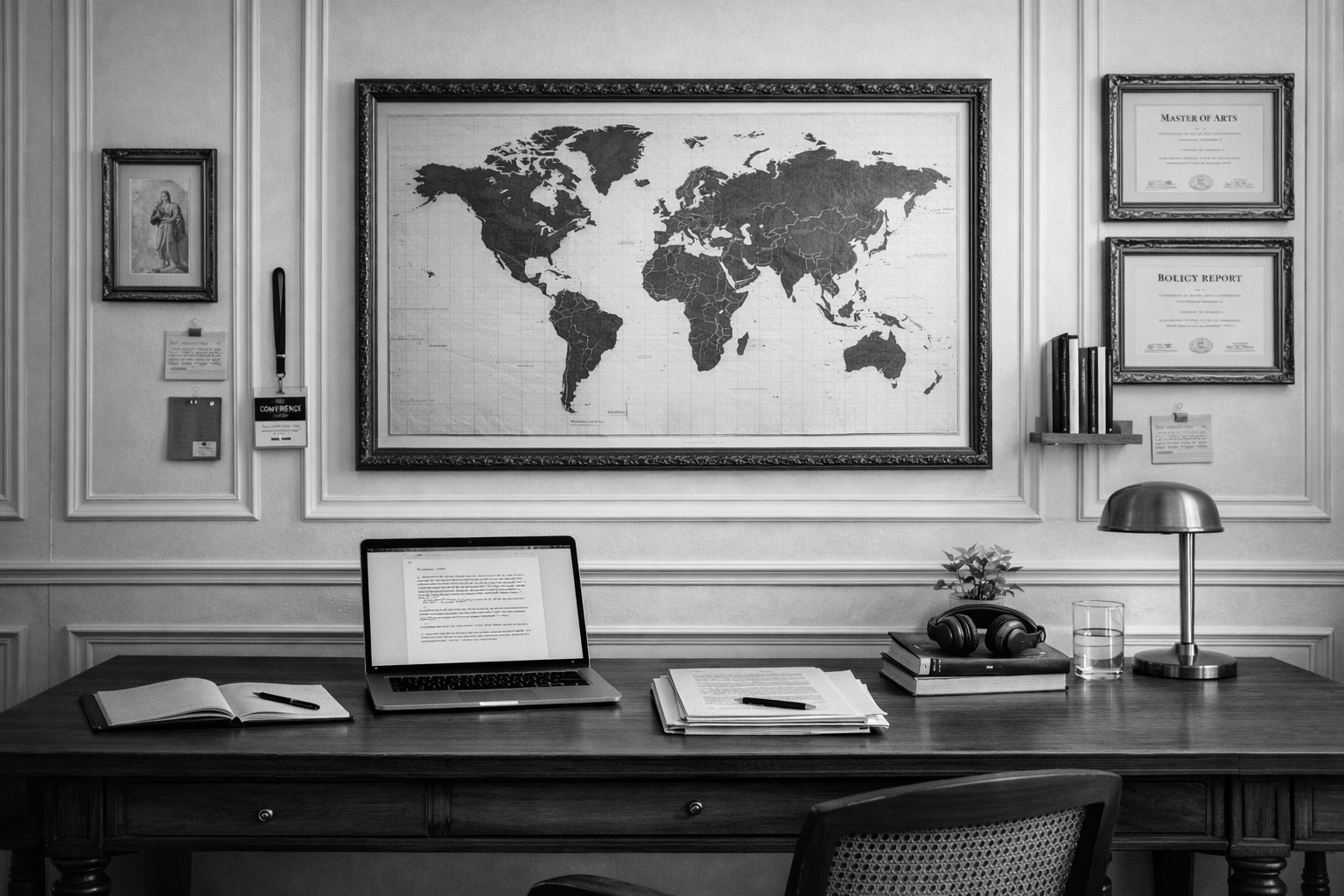 A stylized desk scene with books, papers, and a map pinned with places that shaped Hannah's work.