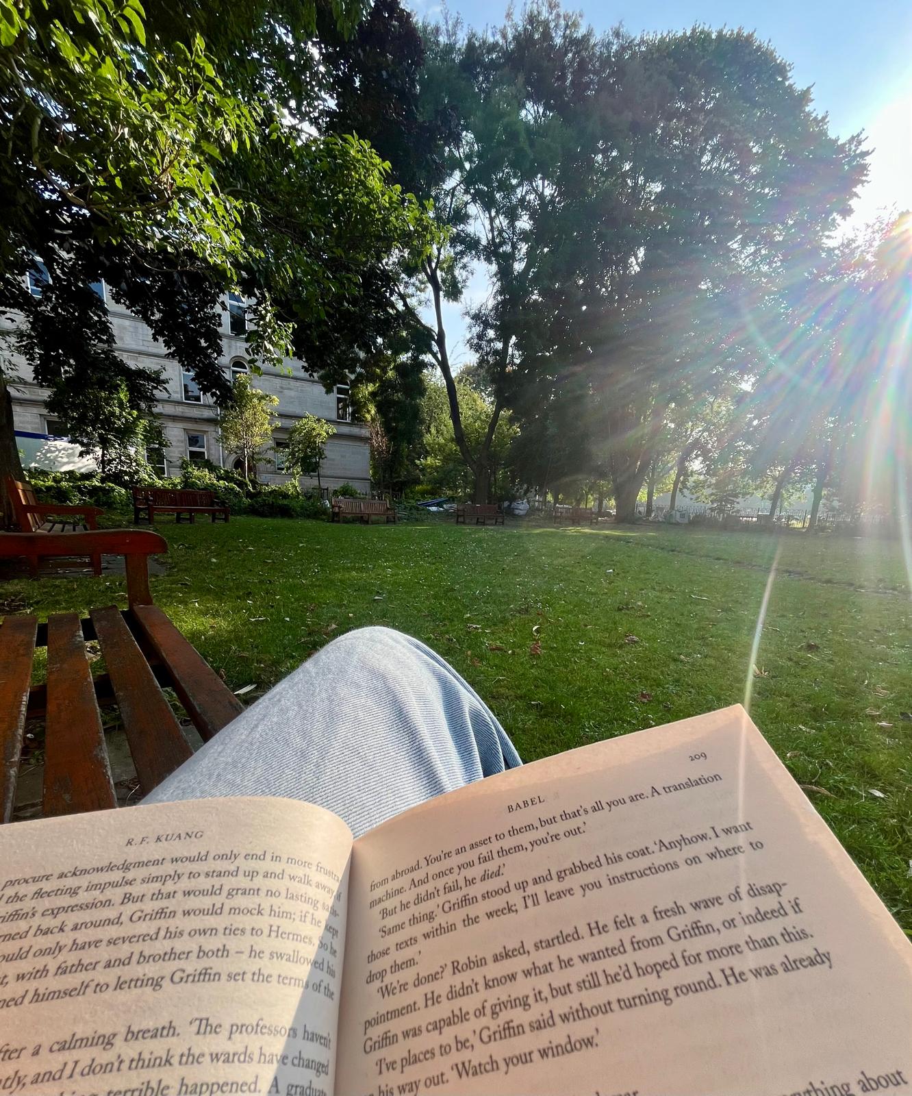 Reading in the courtyard near the School of Religion at Trinity College Dublin.