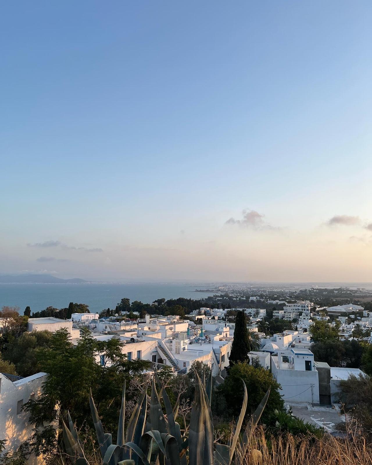 Hilltop view over Sidi Bou Said in Tunisia at dusk.